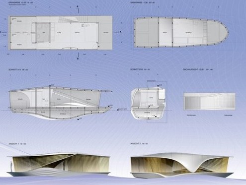 可移动式太阳能水上漂浮住房的具体剖面图